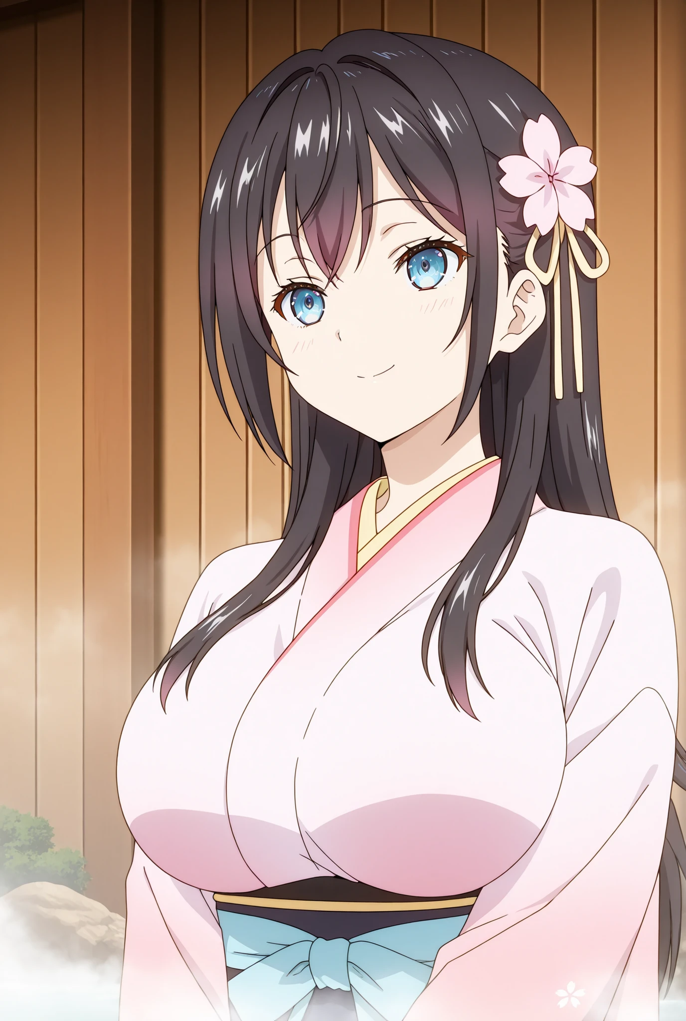 masterpiece、Highest quality、Tall、super detailed illustration、anime style、Hot Springs、Steam twirls、Big breasts、Kimono Half Solution、Black long straight、Cherry Blossom Garden、moonlight