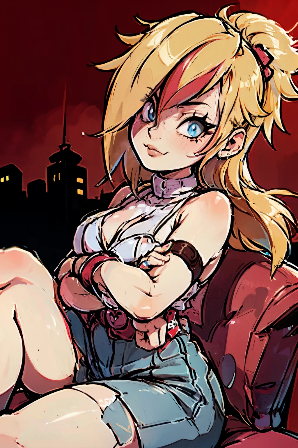 (masterpiece, best quality:1.2), red glowing eyes, red eyes, the eyes are red, perfect face, , strong make up, highres, 1 girl, solo, ultra long ponytail, (female:1.5), strife, blonde hair, shoulder armor, sleeveless turtleneck, suspenders, belt, gloves, bracer pre potent smile, lazy pose, cute arms , evil smile, evil pose, sitting, portrait, looking at viewer,  Her hair is streaked with red and blonde highlights.