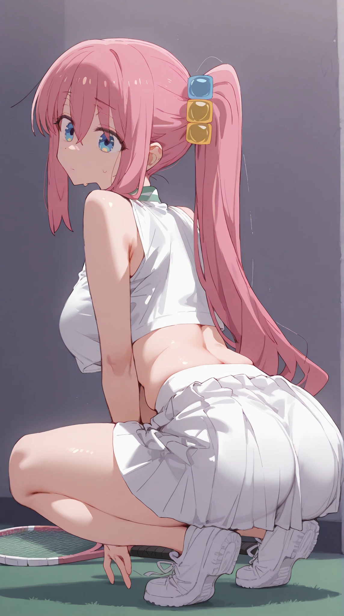 teenage girl，crop top，hot pants，Queen，Shake ack view，Cord，bondage，red eyes，No underwear，pink hair，big ass，playful，stick out your tongue，Smile，sweat，secretion，butt close-up，sitting，back view，raised buttocks，love，soaking wet，Cat ear，transparent，bend over，lace，crawling on all fours