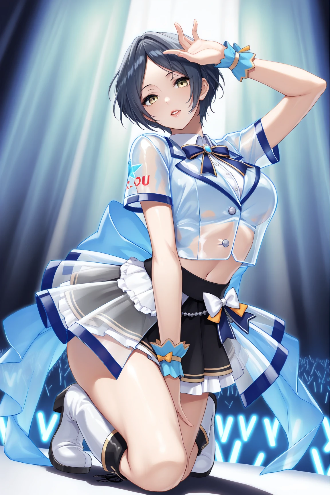 masterpiece, best quality, 1 girl, alone, yousa, yousa_Stage star, Find ATI Viewer,(((She lifted her shirt, Reveal under her bra))).laughter，(Skirt lift:1.3), (thongs:1.1),White panties，