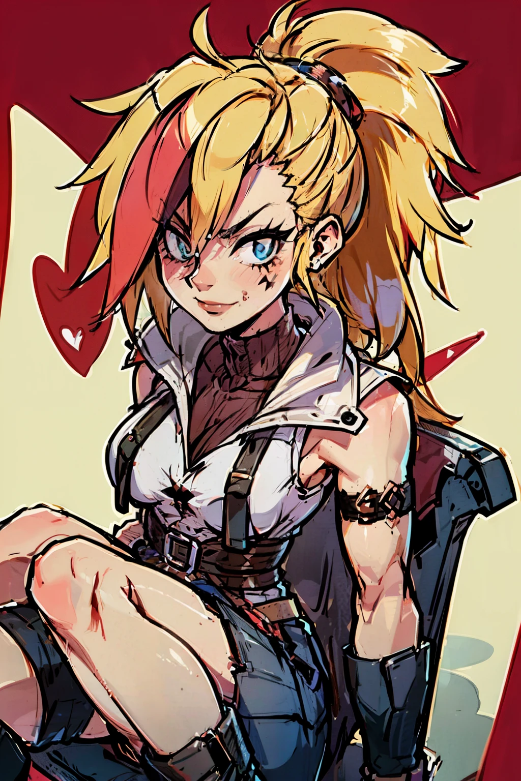 (masterpiece, best quality:1.2), red glowing eyes, red eyes, the eyes are red, perfect face, , strong make up, highres, 1 girl, solo, ultra long ponytail, (female:1.5), strife, blonde hair, shoulder armor, sleeveless turtleneck, suspenders, belt, gloves, bracer pre potent smile, lazy pose, cute arms , evil smile, evil pose, sitting, portrait, looking at viewer,  Her hair is streaked with red and blonde highlights.