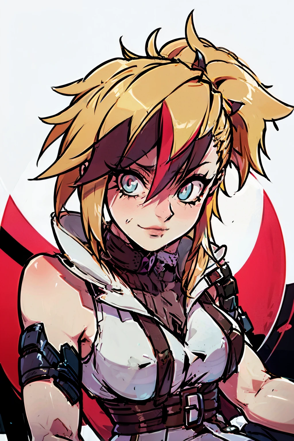 (masterpiece, best quality:1.2), red glowing eyes, red eyes, the eyes are red, perfect face, , strong make up, highres, 1 girl, solo, ultra long ponytail, (female:1.5), strife, blonde hair, shoulder armor, sleeveless turtleneck, suspenders, belt, gloves, bracer pre potent smile, lazy pose, cute arms , evil smile, evil pose, sitting, portrait, looking at viewer,  Her hair is streaked with red and blonde highlights.
