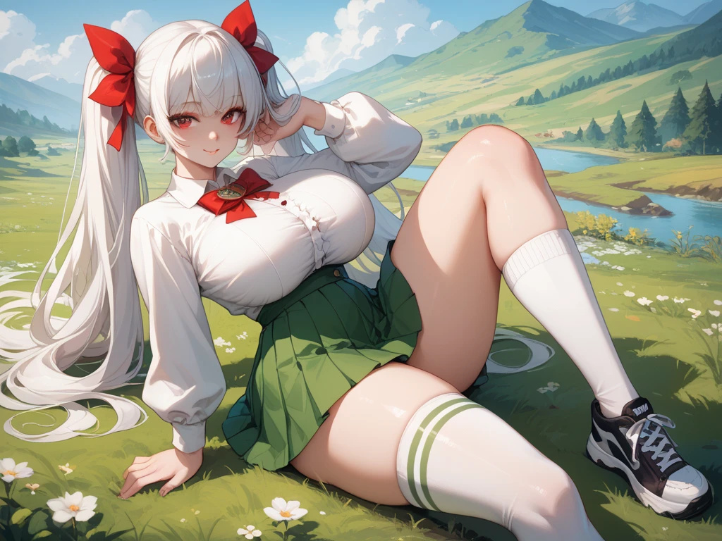 JK，Lori huge breasts cleavage，Poor milk，Pure，White hair，school ground，short stature，Tsundere