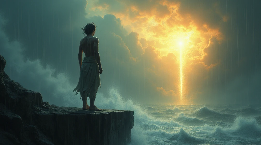 Kai is a lean, wiry teenager with tanned skin from long days spent under the sun. His hair is dark and unruly, A weathered lighthouse standing tall on a rocky island, its beam piercing through the stormy night."**