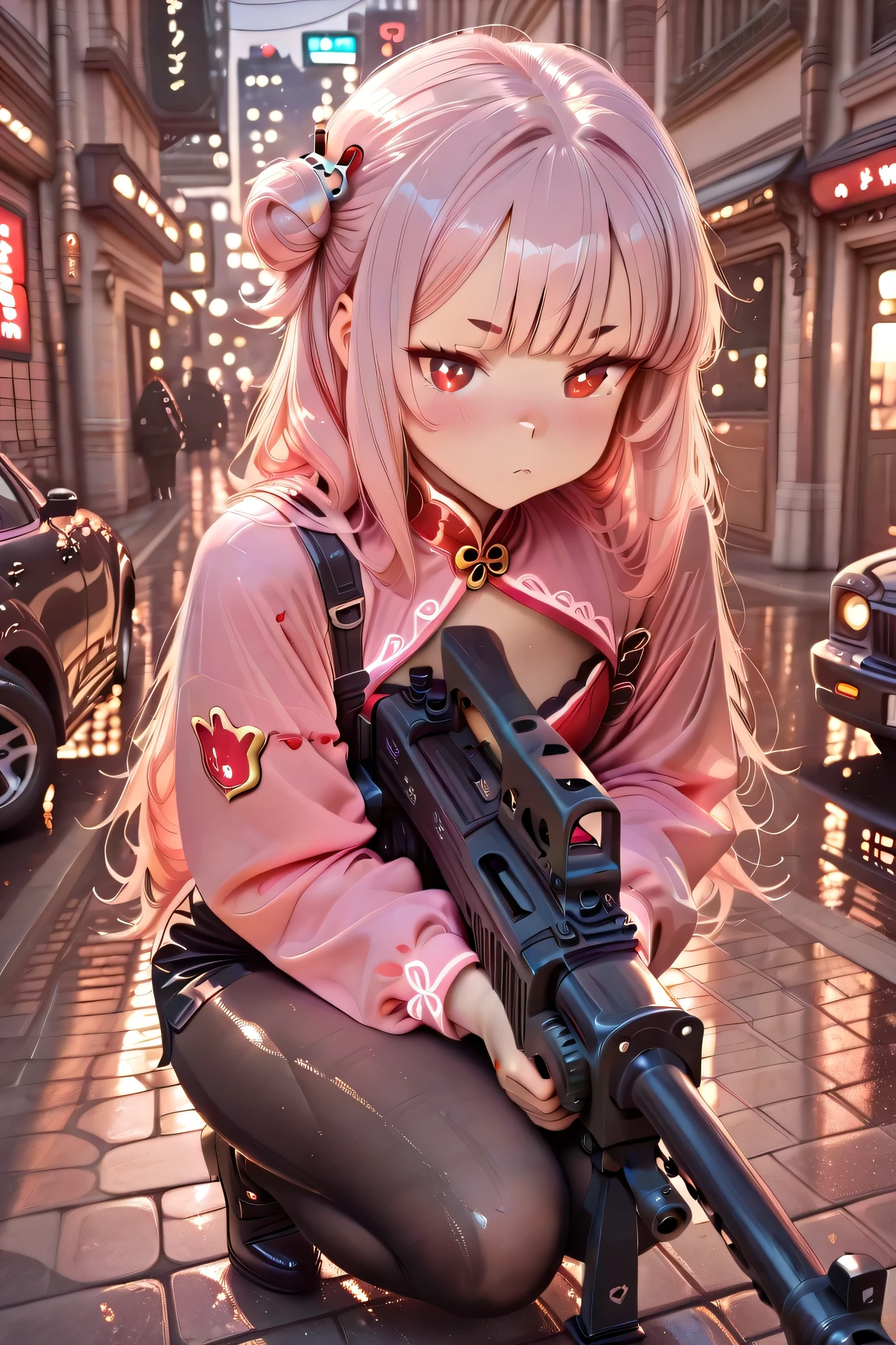 masterpiece, best quality, high resolution,4K, highly detailed, ultra detailed, ((detailed beautiful Eyes)), ((detailed beautiful Nose)), full body, Alone, 1 girl, light pink hair, small bun hair, half twin hair, long hair, hime cut, thin oval eyebrows, Red Eyes, bangs Panda face hairpin, HAVE Machine Gun, Crime City, Lowrider car