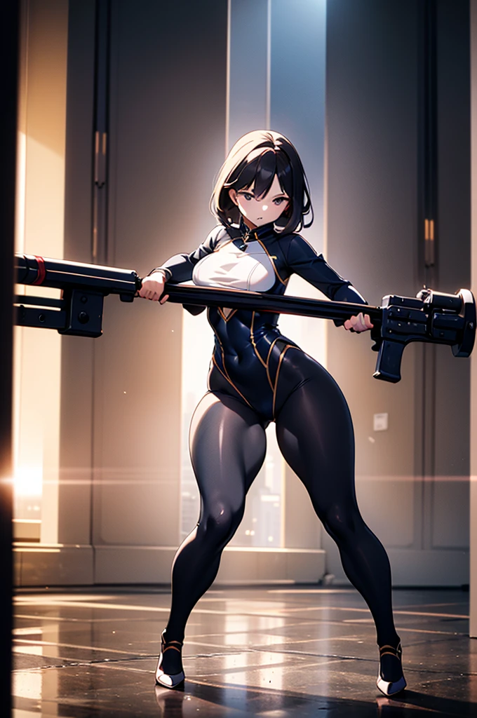 haveรายละเอียดมาก, clear, beautiful body, Beautiful nose, Beautiful character design, perfect eyes, perfect face, very high, 4k, Beautiful legs, perfect legs, good hand, perfect hand, Masterpiece, best quality, haveรายละเอียดสูง, illustration, nonsense, perfect anatomy, street fighter, doll set, Chadaloo Doll, doll set, expressionless, ดวงempty eyes, look at viewer, red gloves, Emotionless, black Latex, corruption, mind control, female warrior, full body, hypnotized, ความมึนงงที่ไม่haveความสุข, full body suit, ชุดบอดี้สูทแบบhaveจั๊ม, Both arms are at the sides., obey, perfect woman's body, extremely glossy Latex, hypnosis, Hipnolora, empty eyes, mind control device, Poses, give up_Pose, slave, stand straight, stand, stand at attention, have, necktie, belt, Latex, ชุดบอดี้สูทแบบhaveจั๊ม, thigh high, garter belt, fighting posture, Extend your right arm away from your shoulder into the air with your hand straight., soldier, Ankle boots, hair ornaments, black hair, short hair, green eyes, (((pixel perfect, perfect details))), alone, 1 girl, {make noise_Miku_senkizesshousymphogear:0.8}, Kohinata Miku Shenshoujin, Zenki Sessho Symphogear, smooth, ribbon, hair_bow, hair_ribbon, มุมLooking from behind, Looking from behind, is