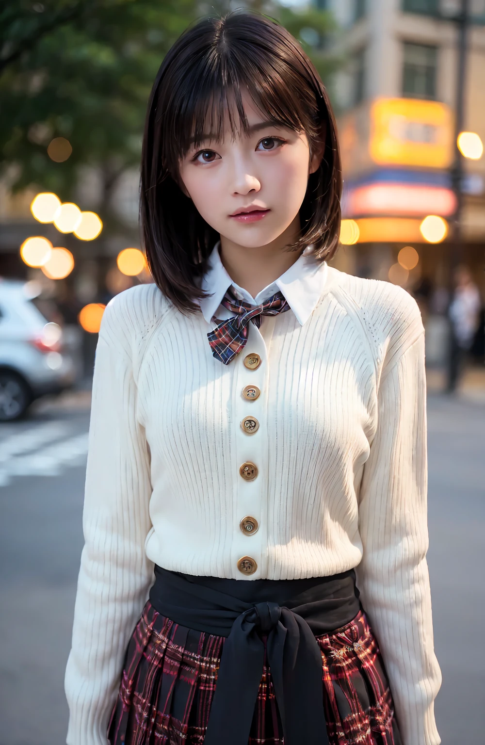 (masterpiece, best quality:1.4), award winning portrait, 8k, 85mm, solo, beautiful face, delicate girl, dark navy skirt, long sleeve, violaceaess, gardeniass, elegance, sophisticated, cute, teen, looking at viewer, 18yo, raw photo, absurdres, HDR, sharp focus, bow tie, bokeh background, (full nude1.8),