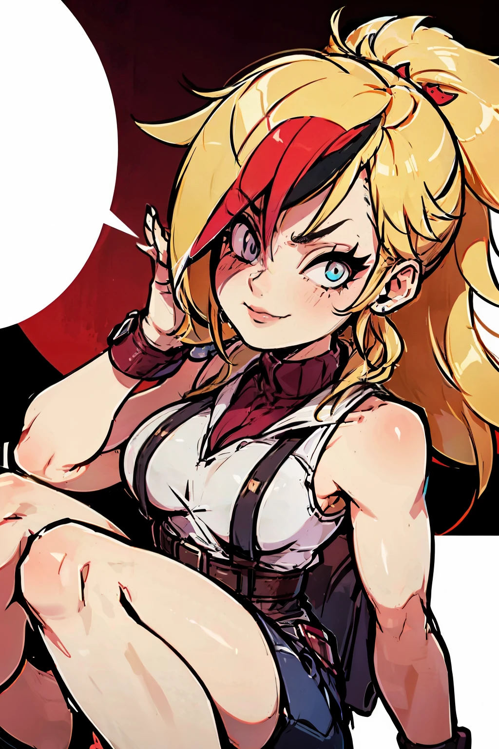 (masterpiece, best quality:1.2), red glowing eyes, red eyes, the eyes are red, perfect face, , strong make up, highres, 1 girl, solo, ultra long ponytail, (female:1.5), strife, blonde hair, shoulder armor, sleeveless turtleneck, suspenders, belt, gloves, bracer pre potent smile, lazy pose, cute arms , evil smile, evil pose, sitting, portrait, looking at viewer,  Her hair is streaked with red and blonde highlights.