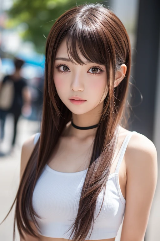 (masterpiece), (best quality, highres, highly-detailed, illustration), Skinny Japanese girl, 30 years old, 1girl, solo, city, contemporary, profile picture closeup, long hair, cute face, detailed face, brown eyes, beautiful detailed eyes, squatting, headphones, 8k, trending on ArtStation