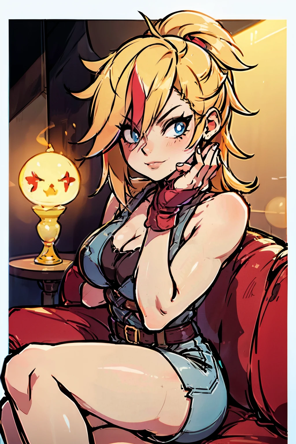 (masterpiece, best quality:1.2), red glowing eyes, red eyes, the eyes are red, perfect face, , strong make up, highres, 1 girl, solo, ultra long ponytail, (female:1.5), strife, blonde hair, shoulder armor, sleeveless turtleneck, suspenders, belt, gloves, bracer pre potent smile, lazy pose, cute arms , evil smile, evil pose, sitting, portrait, looking at viewer, Her hair is streaked with red and blonde highlights.