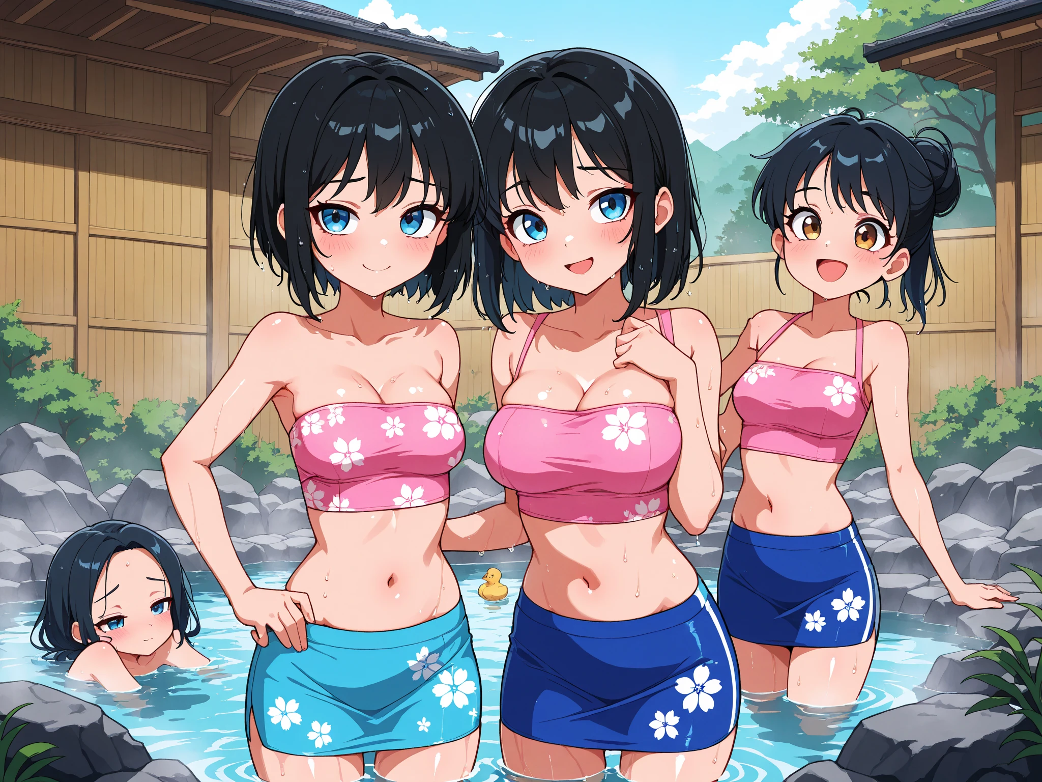 (masterpiece), best quality, (16k), expressive eyes, perfect face, lady, 3 girls, large breast, navel, (((topless))), (((wet navy blue solid pencil mini skirt))), bare arms, bare legs, shiny skin, wet body, outdoors, in the waterfalls, wading, brown hair, wet hair, Lower ponytail, brown eyes, :), standing, (cowboy shot), (from front),