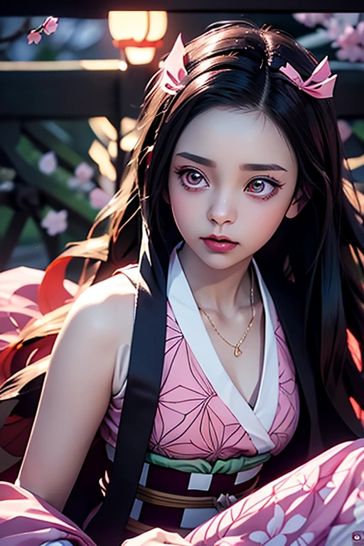 A hyper-realistic, cinematic portrait of Nezuko Kamado from Demon Slayer, ultra-HD, ultra-detailed. A beautiful young anime girl with long flowing black hair that fades to a vibrant orange at the ends, soft pink eyes glowing with subtle emotion. Her expression is calm and gentle, yet slightly fierce, with bamboo muzzle tied by red string over her mouth. She wears a delicate light pink kimono with a hemp leaf pattern, a checkered red and white obi belt, and a dark brown haori draped over her shoulders. Her hair is adorned with a pink ribbon on the right side. She is surrounded by soft, falling cherry blossom petals, some resting in her hair and on her shoulders. The lighting is soft and dreamlike — golden hour tones mixed with gentle pink reflections from the blossoms. Background is a blurred sakura tree landscape with bokeh lights. Lifelike skin, fabric textures, and subtle ambient shadows. Cinematic color grading, 8K resolution, photorealistic DSLR quality, shallow depth of field.
