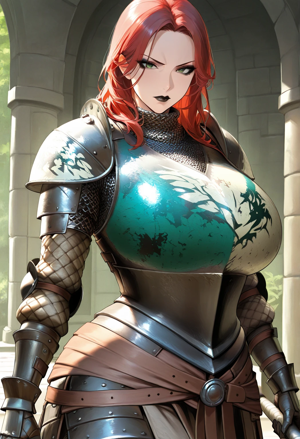 "(masterpiece:1.1), best quality,
1girl, (80s anime style:1.3), (eyelashes:1.5), (loli:1.2),
(intricate high detailed body:1.2),
(red hair:1.1), (hair slicked back:1.2), (long hair, straight hair:1.1), (hair ribbon:1.2),
green eyes, (red lip stick:1.3),
(curvy body:1.1), (gigantic breasts:1.5),
(naughty face:1.2),
(high cut leotard armor, cleavage cutout:1.2), (pantyhose:1.2),
(knight armor, armored boots, capelet:1.2), (accessories:1.1), hand cuffs,
standing, crossed arms,
(upper body, cowboy shot, looking at viewer, from front:1.1),
(daytime, grassland, outdoors:1.1)"