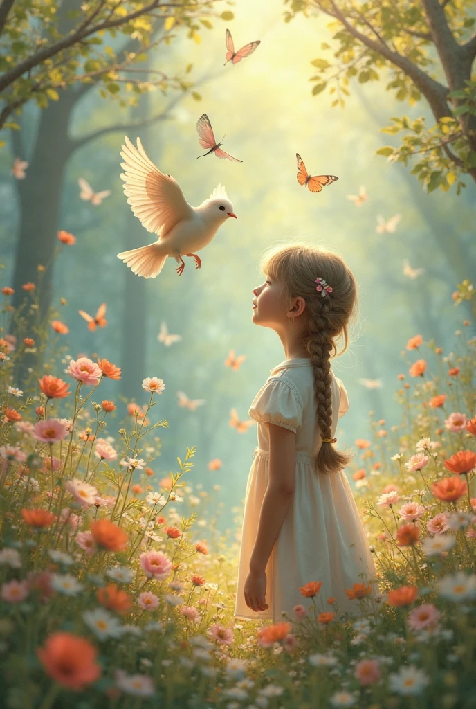 a girl sitting in a nest, surrounded by colorful birds and flowers, enjoying the sunny day(best quality,highres), whimsical and dreamy atmosphere, vibrant colors, soft lighting, detailed feathers and petals, joyful and playful mood, nature-inspired artwork(illustration or painting), magical and enchanting scene