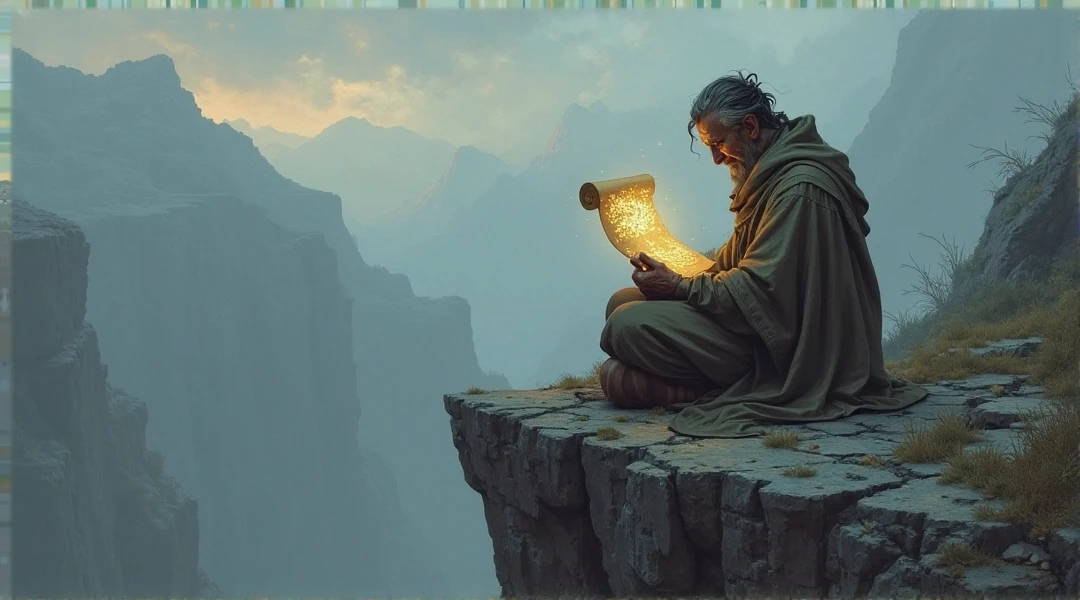A small window or in the ecstasy of a mountain next to that window a figure similar to the rock man sitting with his back straight with a rock book in his hands