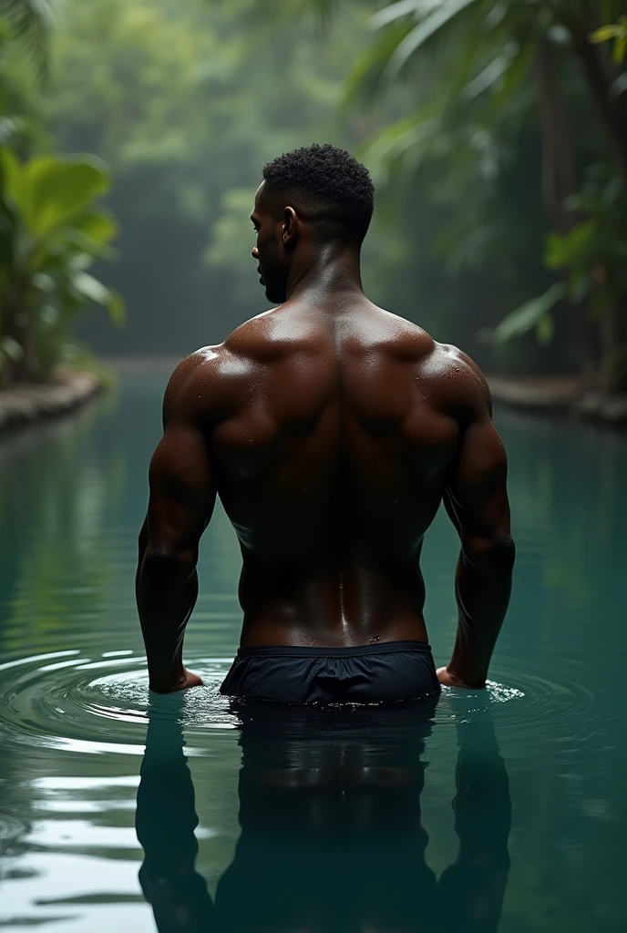 Kevin-Prince Boateng, ancient warrior bathing, mythological, naked torso, hairy chest, emerging from the water of a river, beautiful young man, superhuman beauty, perfect features, Latin look, hyper realistic, high detail, high quality