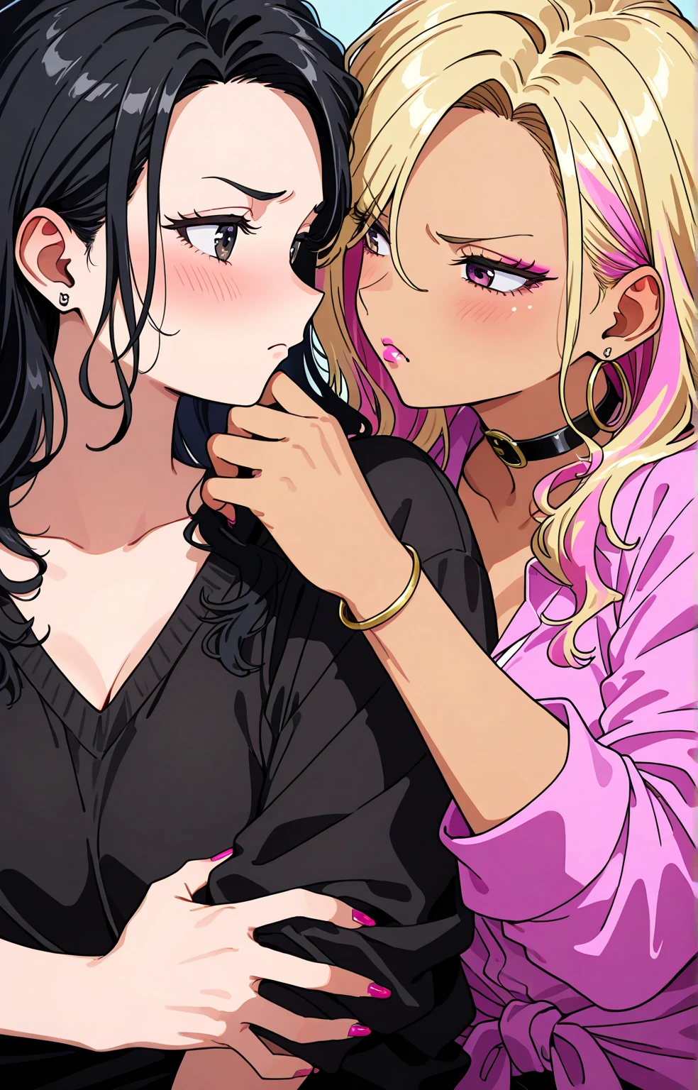 Amazing portrait of a man wearing pink long sleeved sweater and jeans kissing a sexy woman wearing a black tank top and leopard print shrug and black baggy pants in the mall with soft lighting showcasing their amazing bodies tangled together with love and lust