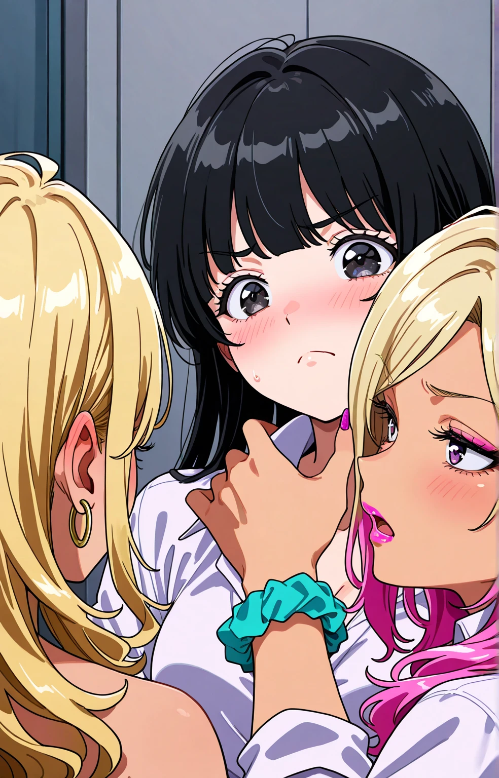 ((POV, front, smile, romantic, focus face, closeup, kawaii girl’s surrounding viewer, penis, nsfw, kiss, )), (in Kyoto animation style:1.2, ),