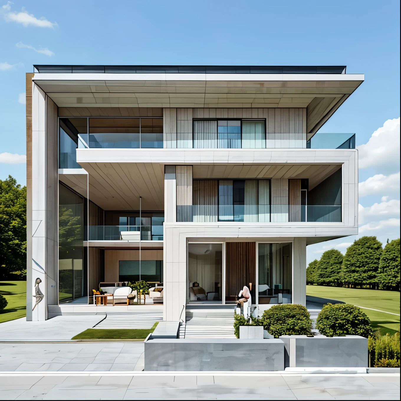 Building design, . , by zaha hadid and norman foster, gardens lawn. Asphalt at front, smooth contrasting wall colors . Green marble on the top roof, black paint on white, blue sky with white cloud