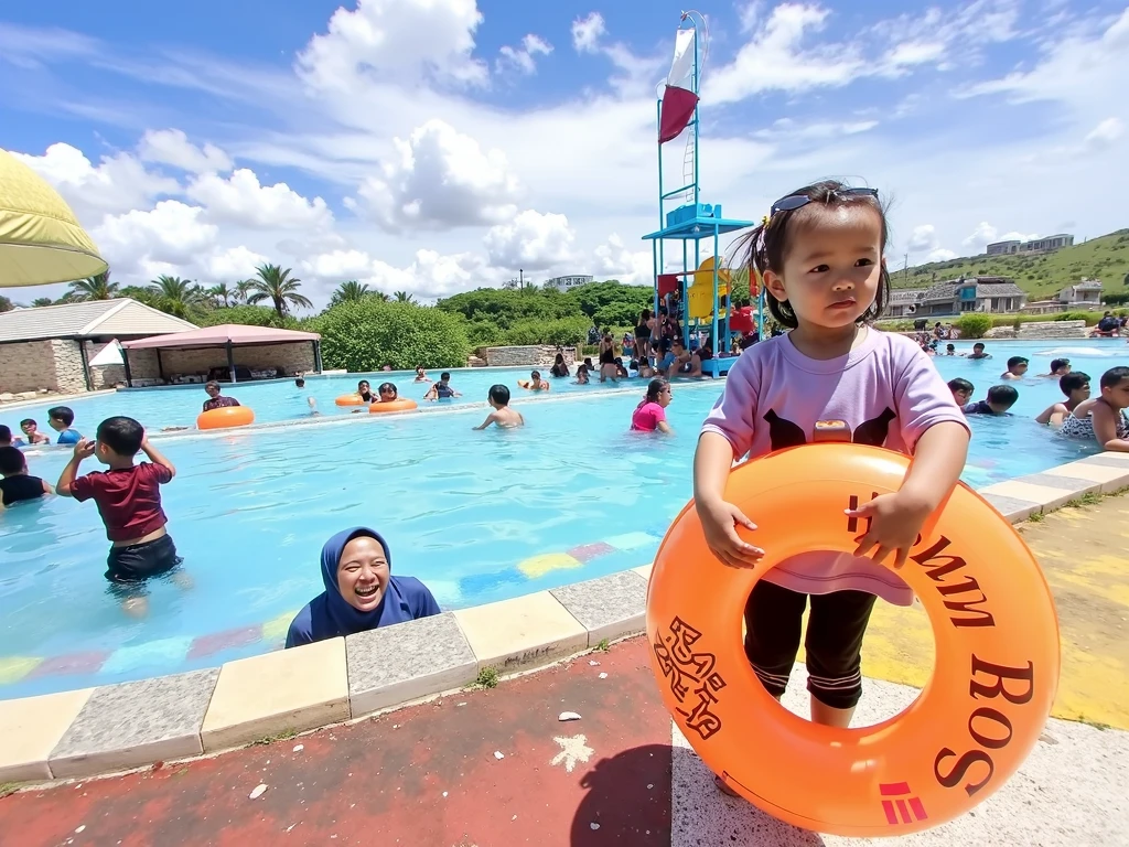 there is a man holding a baby in a water park, playing at swiming pool, water park, with a kid, playing with the water, having a great time, little kid, in water, kid, water world, daddy, with wet faces!!, trending ，, , in the water, splashing, in water! up to shoulders
