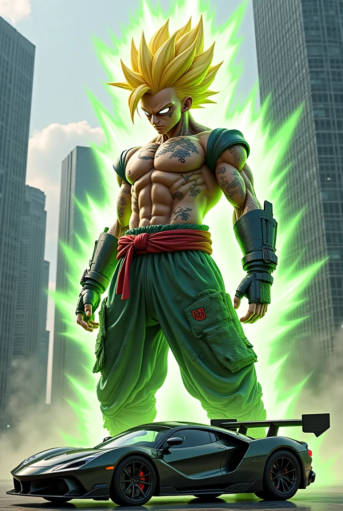 Super Saiyan Broly unleashes a colossal energy wave that shatters the ground and creates a massive shockwave. He stands on a rocky terrain with a stormy sky in the background. The energy wave is a mix of green and blue hues with a swirling pattern. (dark:1.2), (epic:1.3), (chaotic composition:1.2), (metallic:1.1), (gritty texture:1.1), (comic book:1.2), (((3D))), (((realistic))),