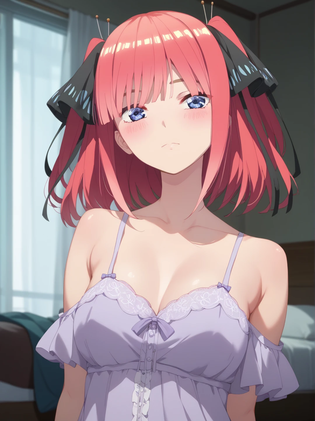best quality, insanely detailed, nino nakano, breasts, blush, bedroom background, looking at viewer, cheerful eyes, masturbation, pussy, nsfw,arousal, lingerie