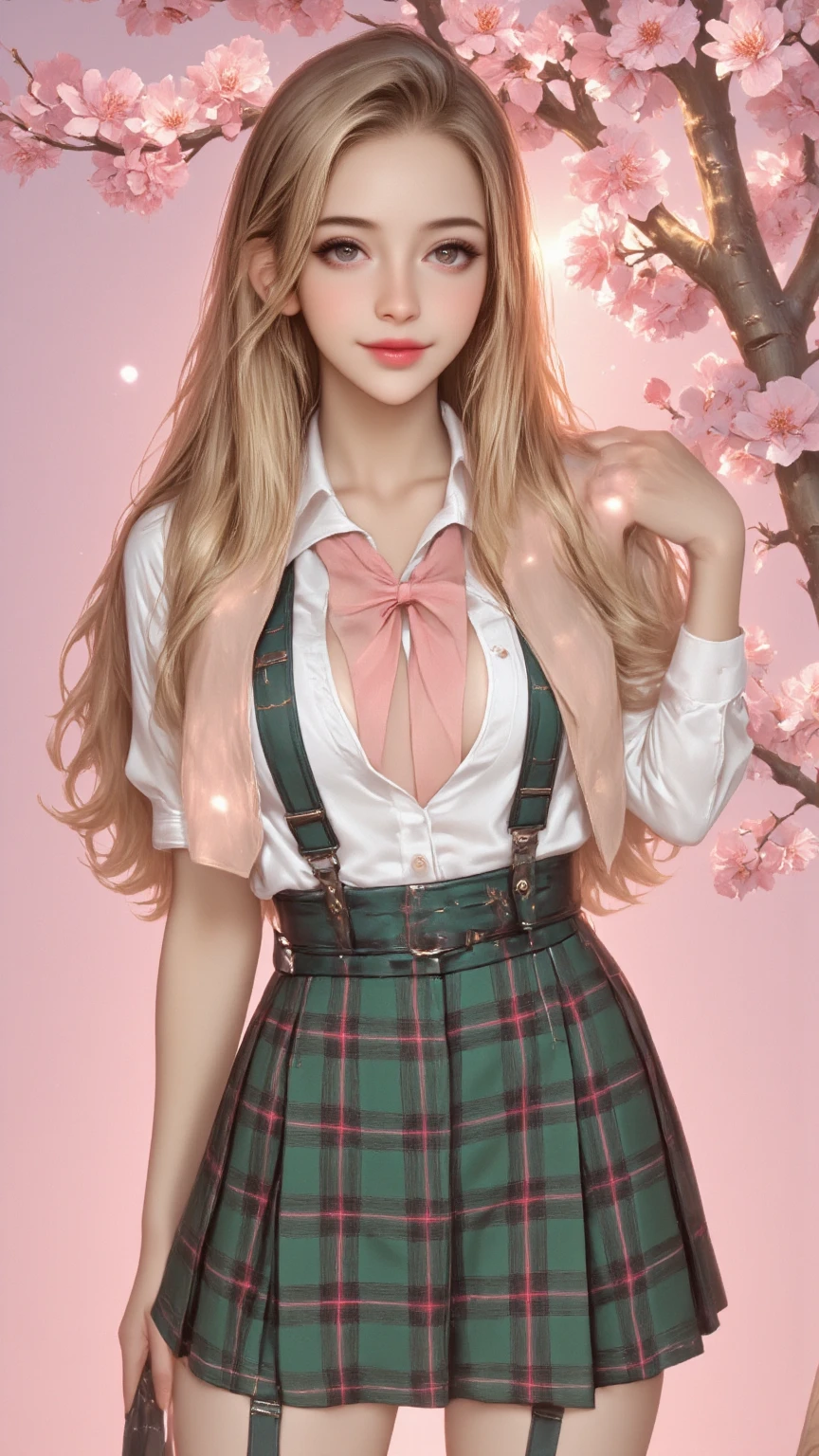 masterpiece, best quality, full body, 1girl, bangs, black choker, black necktie, blonde hair, blue skirt, blush, bracelet, breasts, choker, clothes around waist, collarbone, collared shirt, cowboy shot, dress shirt, ear piercing, eyebrows visible through hair, gradient hair, grin, gyaru, jewelry, kogal, long hair, looking at viewer, loose necktie, necktie, piercing, plaid, plaid skirt, pleated skirt, red eyes, ring, school uniform, shirt, skirt, smile, solo, white shirt, street, sky, cherry blossoms, petals,illustration, (magazine:1.3), (cover-style:1.3), fashionable, woman, vibrant, outfit, posing, front, colorful, dynamic, background, elements, confident, expression, holding, statement, accessory, majestic, coiled, around, touch, scene, text, cover, bold, attention-grabbing, title, stylish, font, catchy, headline, larger, striking, modern, trendy, focus, fashion,