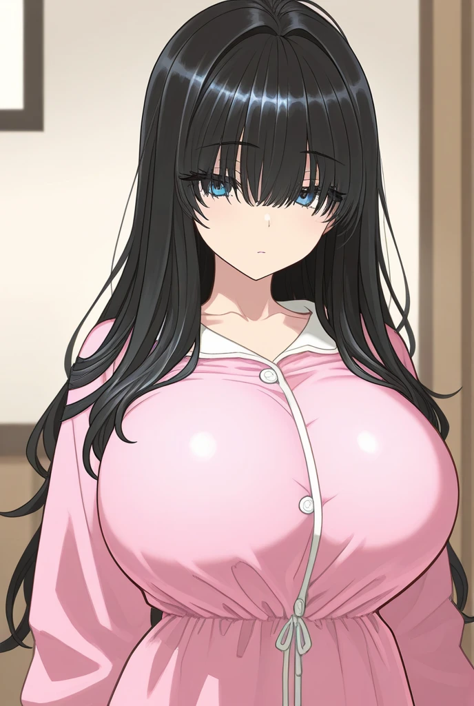 1girl, big breasts, long hair, hime cut, straight bangs, black hair, pink eyes
