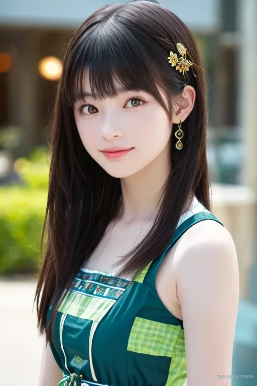 ((masterpiece)), 32k, masterpiece, Highest quality, 1 girl, alone, (Nationality: British:1.3), Realistic, Garden, Realistic, Very detailed, Detailed Background, (alone: 1.4), Happy expression, Slender body, Realistic Highly detailed long hair, Intricate details, masterpiece, Highest quality, West Shot, (花の咲くGardenの背景)), smile, ((Looking at the camera)), Earrings, Long straight black hair, Asymmetrical bangs, Natural Breasts ,