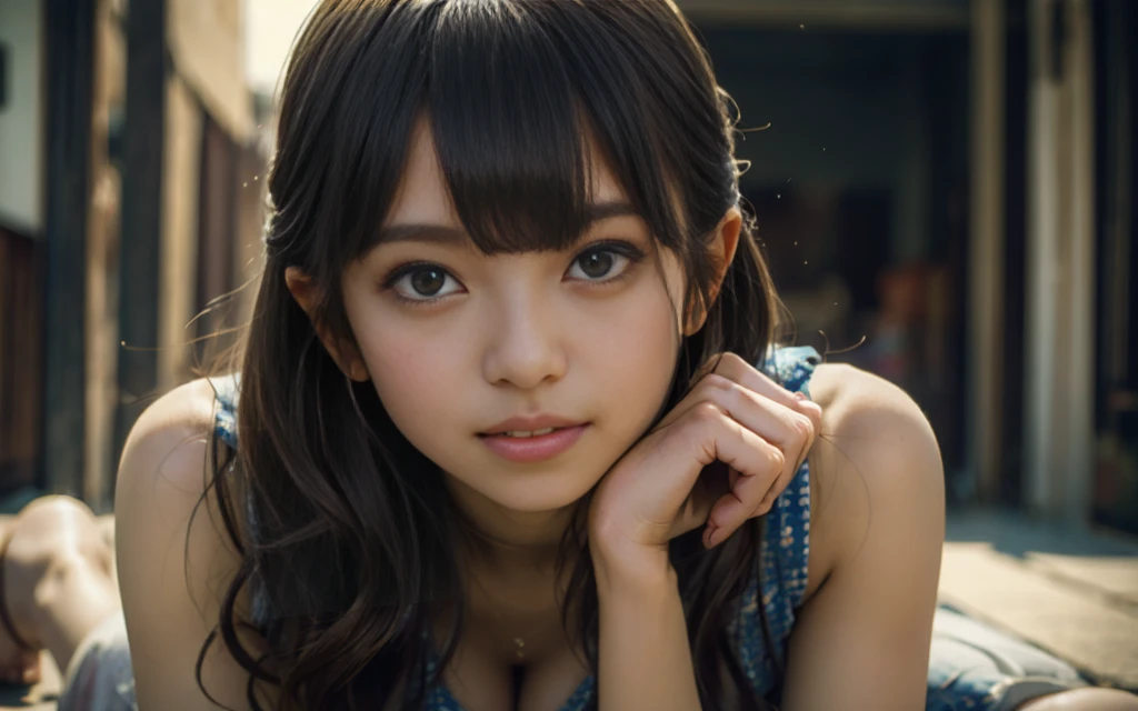 Create an anime style in the form of a drawing with medium hair and bangs over the eyes, numa paisagem roxa com rosas vermelhas