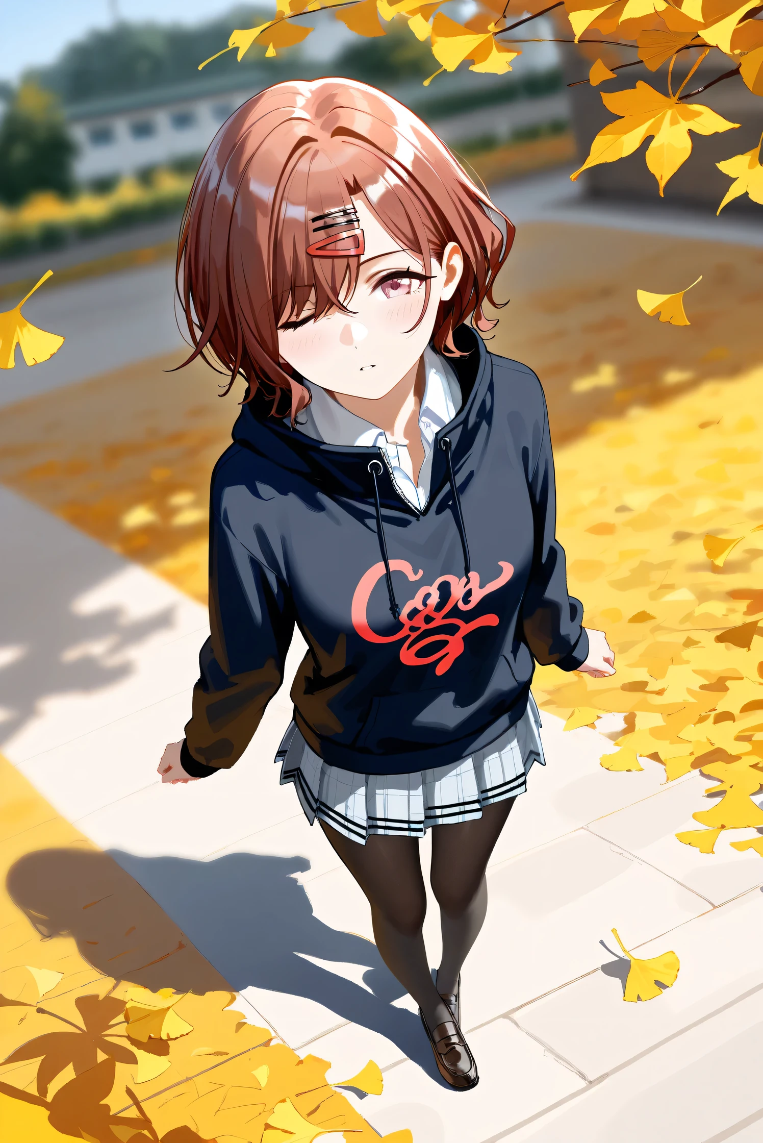 (Masterpiece), (Highest quality), (Very detailed), 
(The best shape), (Best Shadow), (Absurd), 
(Detailed background), (So beautiful), Shiny , 
Extraordinary, Countershading, 8k, 32K, High resolution, Beautiful eyes in every detail,
Very Detailed CG, UHD,

Score_9, Score_8_up, Score_7_up, Source_anime, 
(Pastel painting:1.2), (Watercolor painting:1.2),
(Masterpiece, Detailed:1.2), (Foreshortening:1.2),

Cinematic, Dramatic, (Depth of field:1.4),
(Blurry background:1.4), (Realistic background:1.4),
(Foreshortening:1.3),Dynamic angle, 1 girl,
Outdoor, autumn, Ginkgo, (autumn leaves:1.2),
from above, High angle, (wide shot:1.2),

Higuchi Madoka,
The idolmaster shiny colors,

(school uniform:1.3),
hoodie, black hoodie, long sleeves hoodie,
Shirt collar,
Mini skirt, Light blue shirt, 
pantyhose, black pantyhose,
loafers,

(Blush:1.3), Expressionless, parted lips,
hold her hand above her eyes,
looking up, one eye closed, looking at viewer,
Realistic skin, Shiny skin,