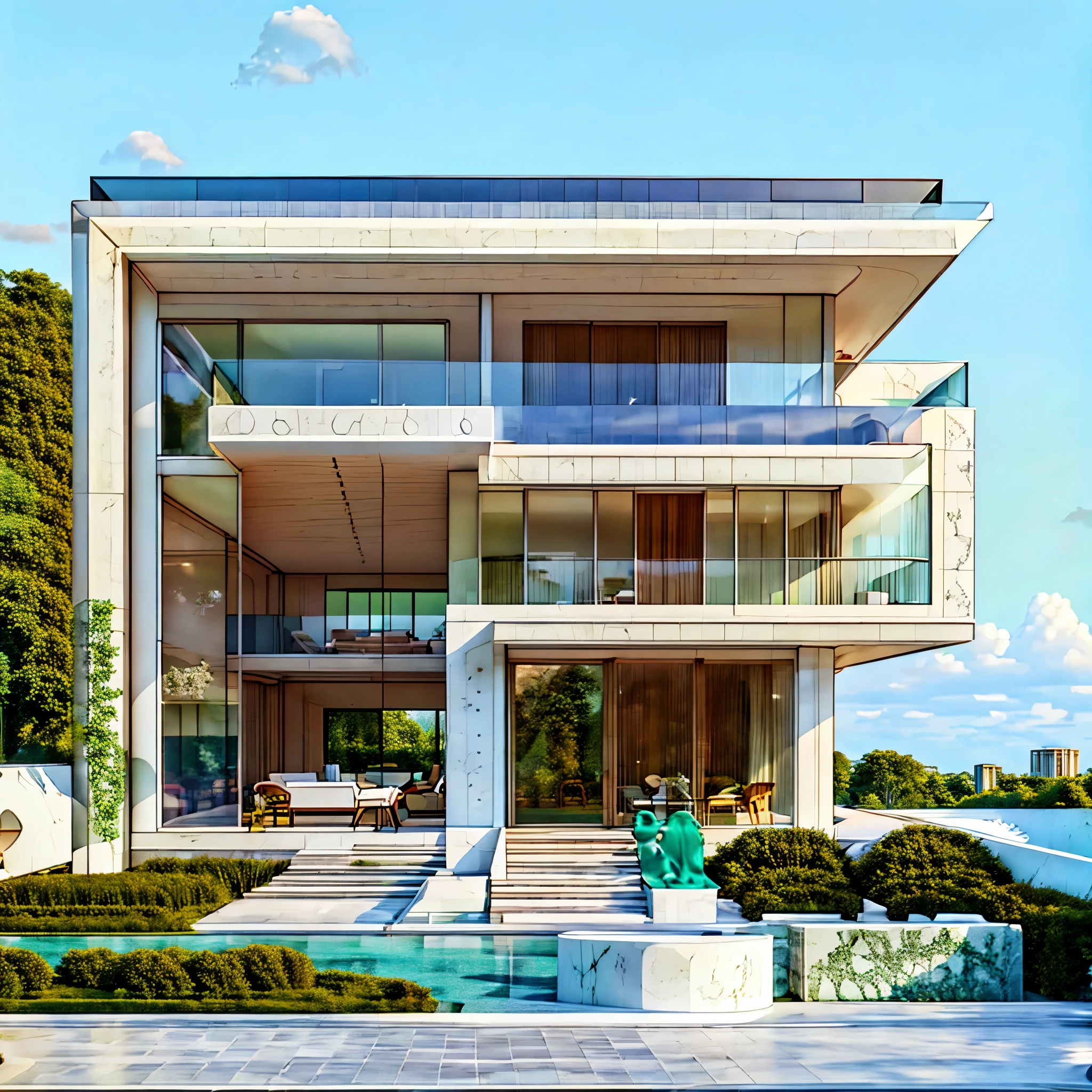  Building design,   . ,  by zaha hadid and norman foster, gardens lawn. Asphalt at front,  smooth contrasting wall colors . Green marble on the top roof, on white, blue sky with white cloud 