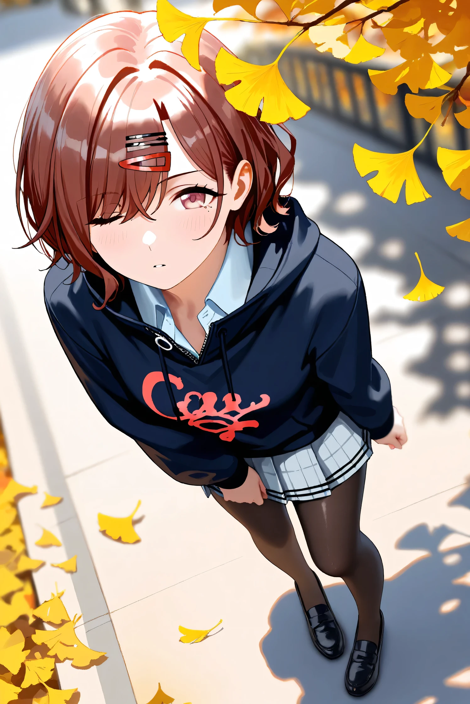 (Masterpiece), (Highest quality), (Very detailed), 
(The best shape), (Best Shadow), (Absurd), 
(Detailed background), (So beautiful), Shiny , 
Extraordinary, Countershading, 8k, 32K, High resolution, Beautiful eyes in every detail,
Very Detailed CG, UHD,

Score_9, Score_8_up, Score_7_up, Source_anime, 
(Pastel painting:1.2), (Watercolor painting:1.2),
(Masterpiece, Detailed:1.2), (Foreshortening:1.2),

Cinematic, Dramatic, (Depth of field:1.4),
(Blurry background:1.4), (Realistic background:1.4),
(Foreshortening:1.3),Dynamic angle, 1 girl,
Outdoor, autumn, Ginkgo, (autumn leaves:1.2),
from above, High angle, (wide shot:1.2),

Higuchi Madoka,
The idolmaster shiny colors,

(school uniform:1.3),
hoodie, black hoodie, long sleeves hoodie,
Shirt collar,
Mini skirt, Light blue shirt, 
pantyhose, black pantyhose,
loafers,

(Blush:1.3), Expressionless, parted lips,
(holding her hand above her eyes:1.1),
looking up, one eye closed, looking at viewer,
Realistic skin, Shiny skin,
