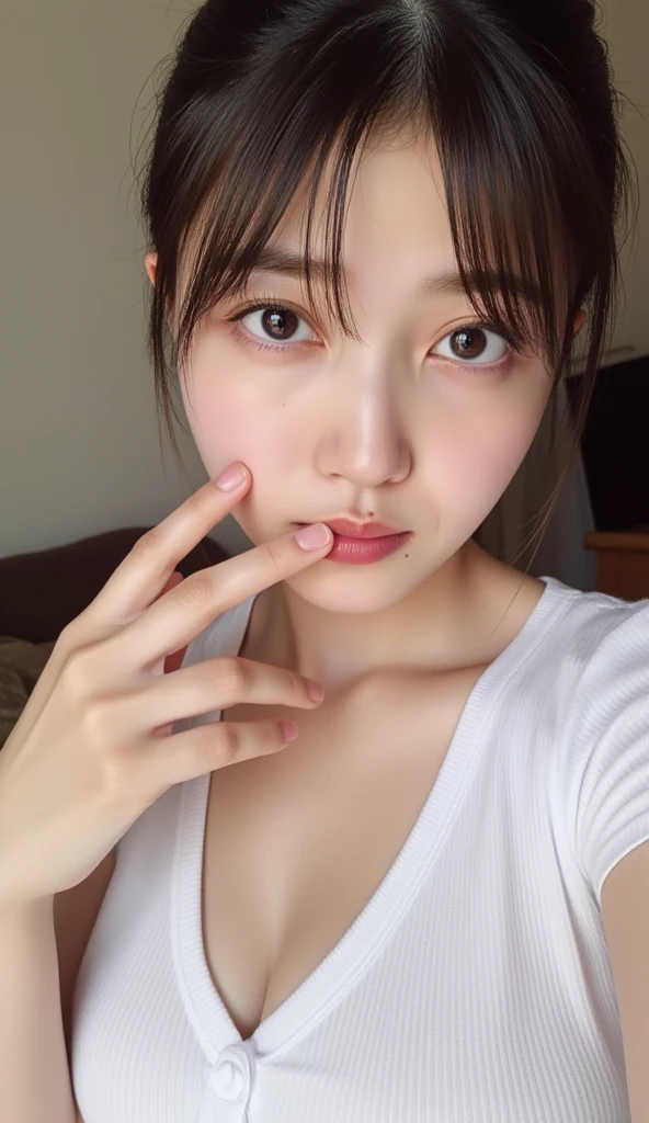 Ulchan-6500-v1.1, (RAW photo:1.2), (realistic:1.4), beautiful detailed girl, That&#39;s ridiculous, incredibly ridiculous, huge file size, High resolution,table top, 1 girl, 16 years old, ((Super detailed)), ((dynamic pose))), (camel toe), (half), (open your mouth)),((Drooping eyes)),((round face)),((curl inside hair)), deep joy、Severe pain、ecstatic eyes:1.2）,(view from above:1.5）, Desperate, feel like cry, exclamation mark、climax expression、((open your eyes, endure hard:1.5)), （looking at the viewer：1.1),close up of face,(((suit)))、