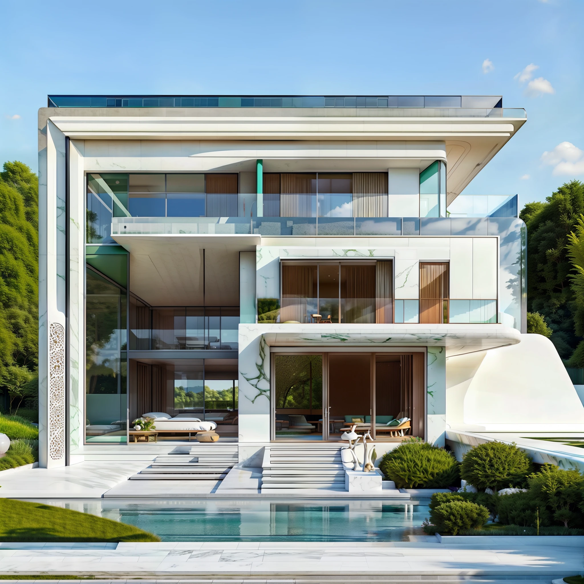 Building design, . , by zaha hadid and norman foster, gardens lawn. Asphalt at front, smooth contrasting wall colors . Green marble on the top roof, on white, blue sky with white cloud