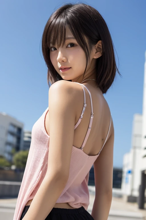 Neat and clean high school girl、((((Long white silk camisole、White panties))))、Outside the stadium、(slim)、Realistic、detailed, Skin Texture, 超detailed、Delicate and sexy collarbone、A sloppy smile、スーバーdetailedな顔、detailed唇、detailedな目、Small breasts、Small breasts、、Small breasts、Flat Chest、Accentuate your breasts、Bright Face、((スカートからWhite pantiesが見えている、Lift the hem of your skirt slightly with both hands..,,)), Short hair with bangs、Straight Bob Hair、Angle from quite a top、10 years old、、(((Dark sunburn、Tanned brown skin、Black skin color)))、(Dark brown skin:1.)、((Leaning forward with hands on knees))