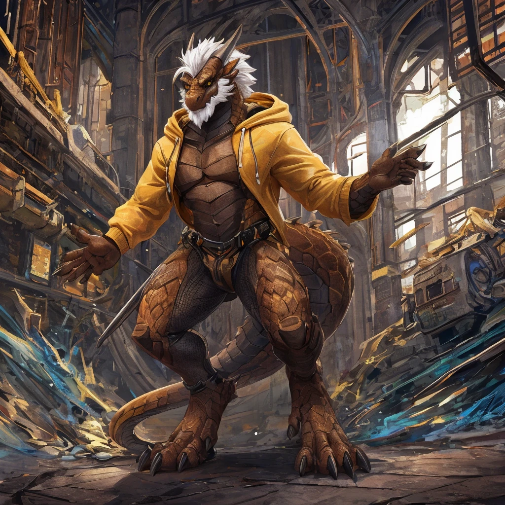 by Sollyz, by David Teniers the Elder, by Foxovh , by Nikolina Petolas , by George Romney, solo male ,one person,
Pink sergal,sharp snout,clear glowing yellow eyes, big ears, two ears,(detailed Johnfoxart lighting), (detailed fur),
 (detailed skin), cyberpunk,a long  tail,cybernetics arm,(cinematic lighting),
 (detailed background), (looking at viewer),front view,full body shot, bent over, feet focus, detailed hands, tense posture, [backlighting], [Sunbeam], [detailed ambient light], [gray natural lighting],
 [realistic proportions], [explict content], [sharp focus], (questionable content),heavy armor,heavy weapon in hand,evil grin,laughs,
 (shaded), ((masterpiece)),four fingers,bulge, jock strap