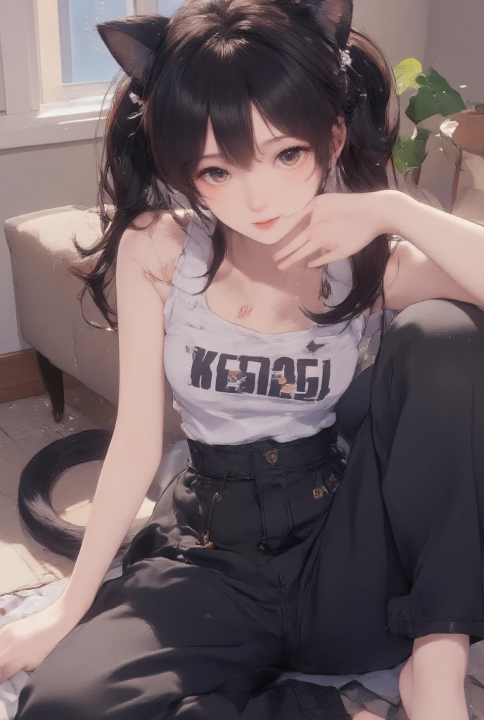 ((ultra realista)), ((imagem perfeita)), ((rosto perfeito)), ((ultra detalhado)), ((corpo inteiro)), ((corpo perfeito)),uma garota de blusa e short apoiada em uma mesa, garota transpirando, posando na frente de uma janela