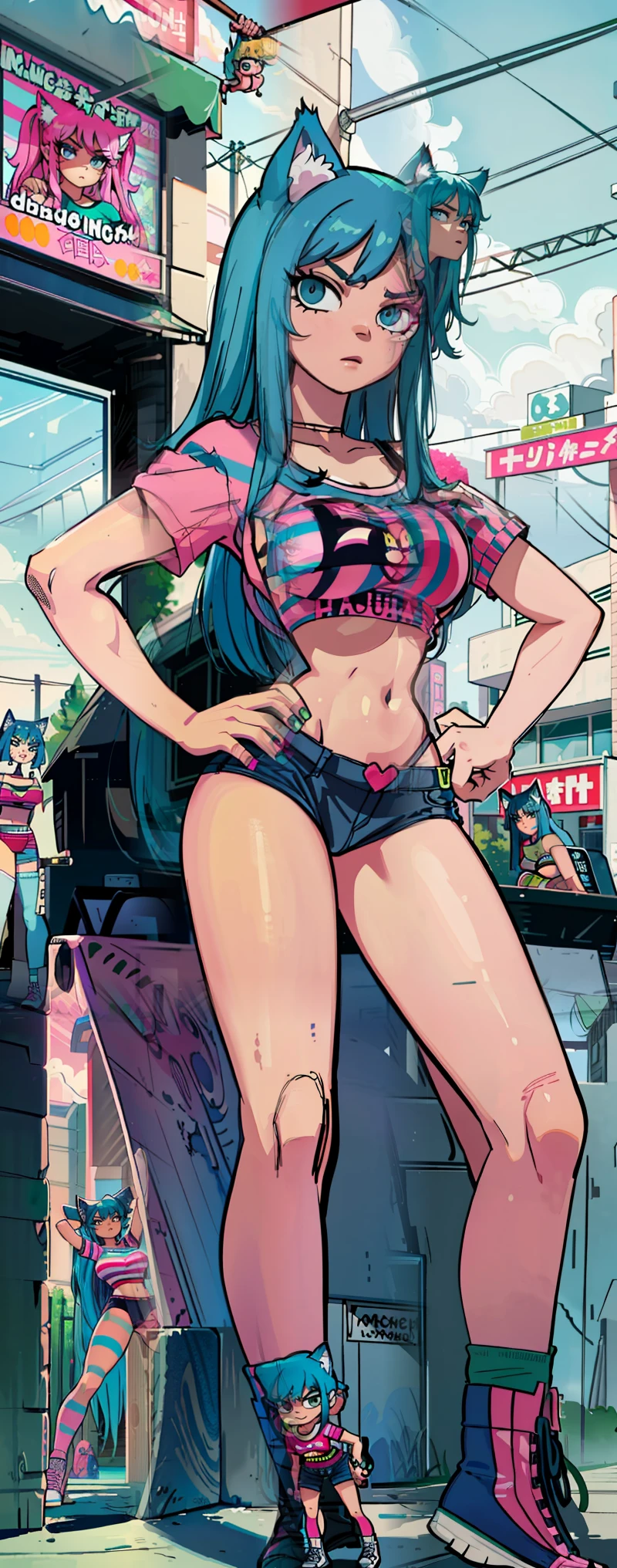 Masterpiece, best quality, high resolution, 1 woman, Long blue hair with pink stripes, smooth, green eyes, Bored face , cat ears , pink t-shirt , black bikini , abdomen, big breasts , Long legs , stand on your hips , canvas shoes , convenience store