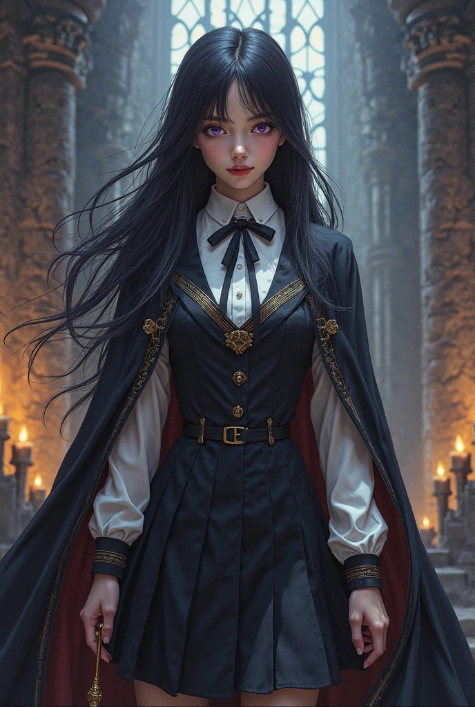 (best quality, masterpiece1.2), (detailed eye: 1.2), intricate detail, 1girl, harry_potter, Hogwarts school uniform, looking at the viewer, smile, black hair, straight hair, pale skin, skirt, cape,