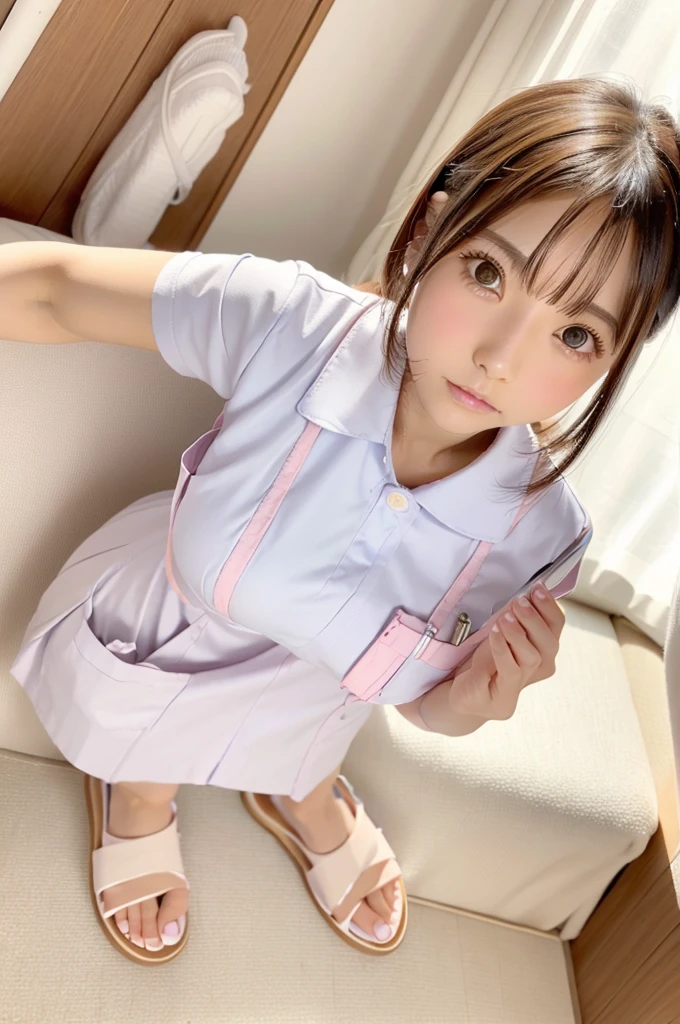 Highest quality、masterpiece、8k、Very detailed、Realistic、(One girl)、(Looking at me with a smile:1.5)、whole body、Black Hair、Small face、(Slender:1.2)、(Big Breasts:1.2)、(Pink tight-fitting nurse uniform with buttons and collar:1.2)