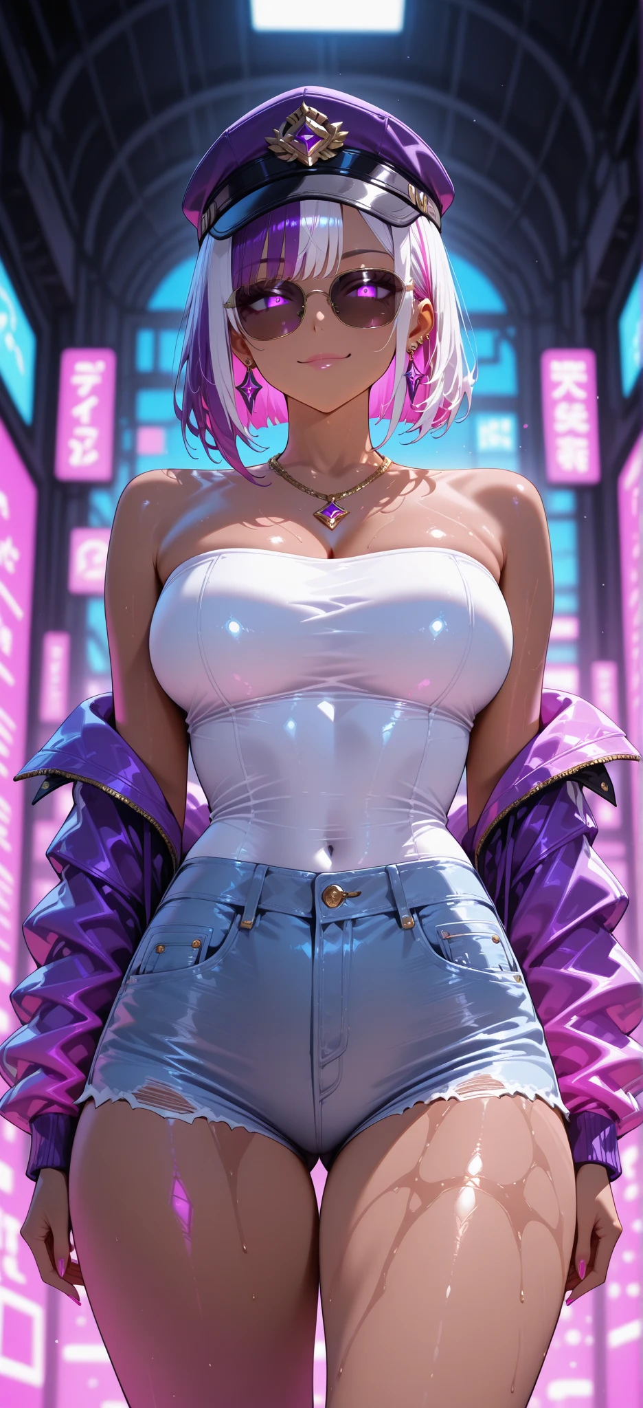 (8K、highest quality、masterpiece:1.2)、Super detailed、super resolution、Realistic、(1girl) 、(purple hair)、short hair。(blunt bangs:1.5),pink eyes、(face focus,cowboy shot),(glowing eyes:1.4),((white sweater: 1.3))、(grin:1.3),open mouth、cute face,blush、small breasts,(simple background),naked sweater, sweater, meme attire, virgin killer sweater, breasts, turtleneck sweater, bare shoulders, turtleneck, sweater dress, ribbed sweater, sideboob, halterneck,backless dress,from behind