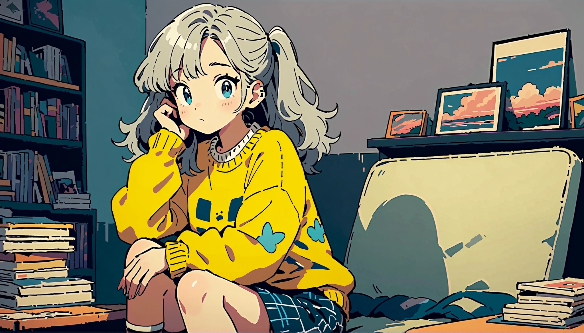 alone, Lofi Artstyle, Lofi Art, room, I'm studying 80s anime style, Retro, lo-fi, masterpiece, top quality, (Highly Detailed CG Unity 8K Wallpaper), (top quality), (best illustration to cover your crotch), (best shadows), Absard dress, Real Lighting, (abyss), Beautiful Detailed Sparkle, Lofty Girl, solo, long hair, simple background, long sleeve, 1 girl, is sitting, upper body, Golden Hair, for women, glass, grey background, yellow sweater, Tattoo, headrest, arm Tattoo, neck Tattoo,long hair,