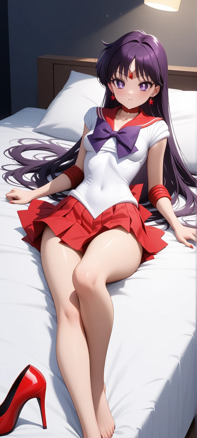 masterpiece, best quality, high resolution, sama1, tiara, sailor sensi uniform, white gloves, red sailor collar, red skirt, star necklace, elbow gloves, pleated skirt, bare leg, purple bow, field, variza, hotel, high heels, lying on bed, legs apart, hands behind head, camel toes, black panties, red high heels, long legs, lace underwear panties,
