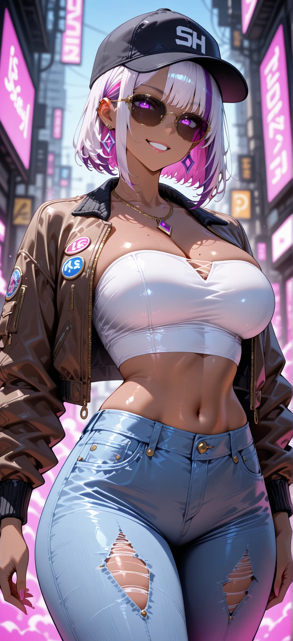 ((best quality)), ((masterpiece)), (detailed), perfect face, big ass, ((dressed)), holds her breast with her hands, grabbing breast, hands dig into breast, hands stuck to breast, rainbow hair, night club, music, multicolor light, jacket, ((music festival)), underboob, dark skin, makeup, miniskirt, (massive breasts: 1.5)