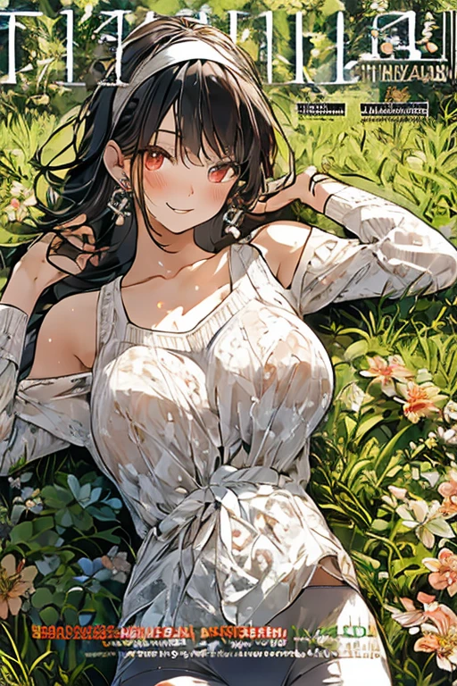 tmasterpiece, hoang lap, hyouka\(Boruto\), 1girll, solo,a mature female, Purple slip dress,cleavage,Large breasts,Brown pants,exteriors,Lavender flower field, looking at viewert, (Falling petalostly cloudy sky, perfect compositions, Detailed lips,, beauitful face, Body support, Be red in the face, (redish pink lips), long whitr hair, White eyes, Soft gaze, Sad smile, Super realistic, A detailed, photoshoot, Realistick faces and bodies, photo-realistic hair, photorealistic eye,realistic nose,realistic lips, nipples, cameltoe, (arm behind head:1.5), armpits, ((bangs hair))