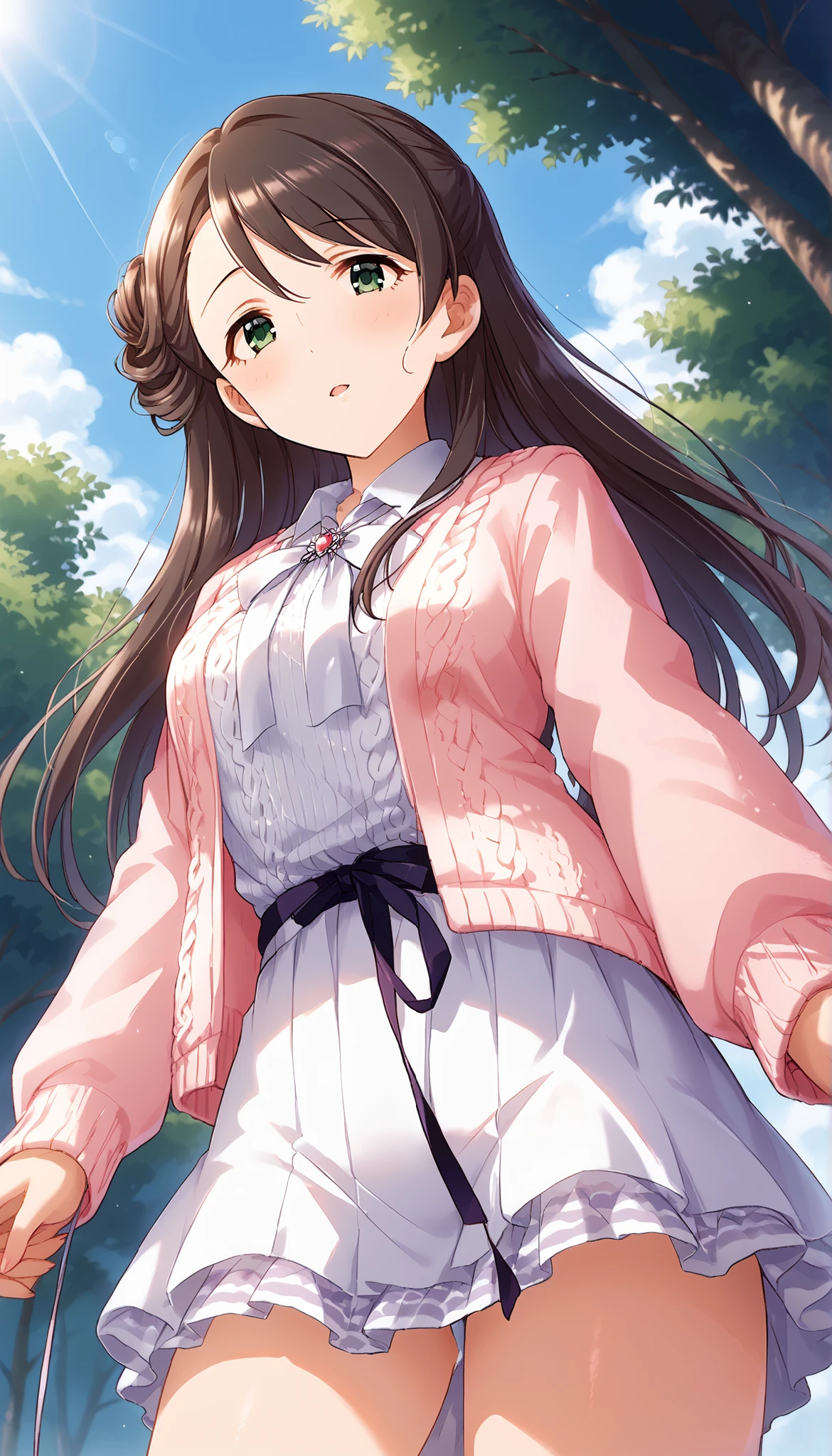 (((Nishikawa Honami ))),((private clothes)),pink sleeveless knitted sweater,white short skirt,Outdoors,((Low Angle)),thigh,long hair,Ulchan-6500-v1.1, ( RAW photos :1.2), Beautiful Detailed, very detailedな目 美しい目,beautiful eyes,GREEN EYES ,file size is large, high resolution, very detailed, top quality, [masterpiece:1.6], Awareness-raising, very detailed, CG, finely, top quality, 8K wallpaper, perfect body shape,very detailed