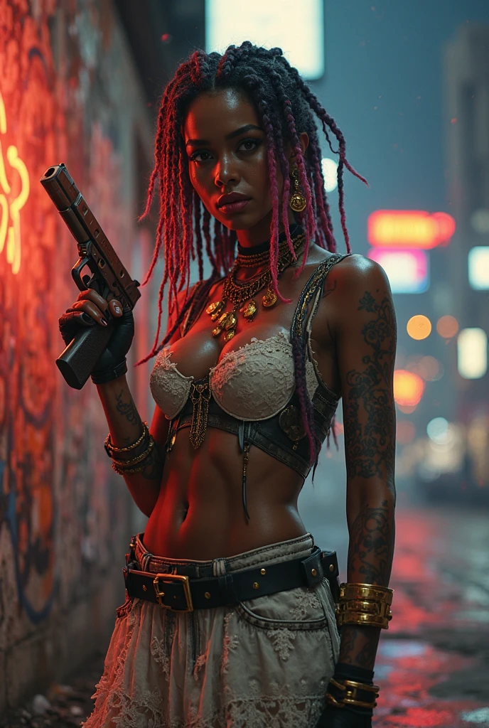 (best quality, 4k, 8k, highres, masterpiece:1.2), ultra-detailed ,illustration, full body portrait of a 20yo dark black woman villain with glowing red eyes, glowing red eyes, cute lustful woman with red dreadlocks, sensual, (passionate), gigantic breasts, gigantic hips, gigantic butt, wet skin, back to the camera, tribal tattoos, looking over shoulder, (gorgeous:1.2), detailed face, soothing tones, high contrast, (natural skin texture, hyperrealism, soft light, sharp), glowing red eyes, standing away from camera, dead superheroes in the background, 1girl, Solo, High Resolution, Looking at viewer,