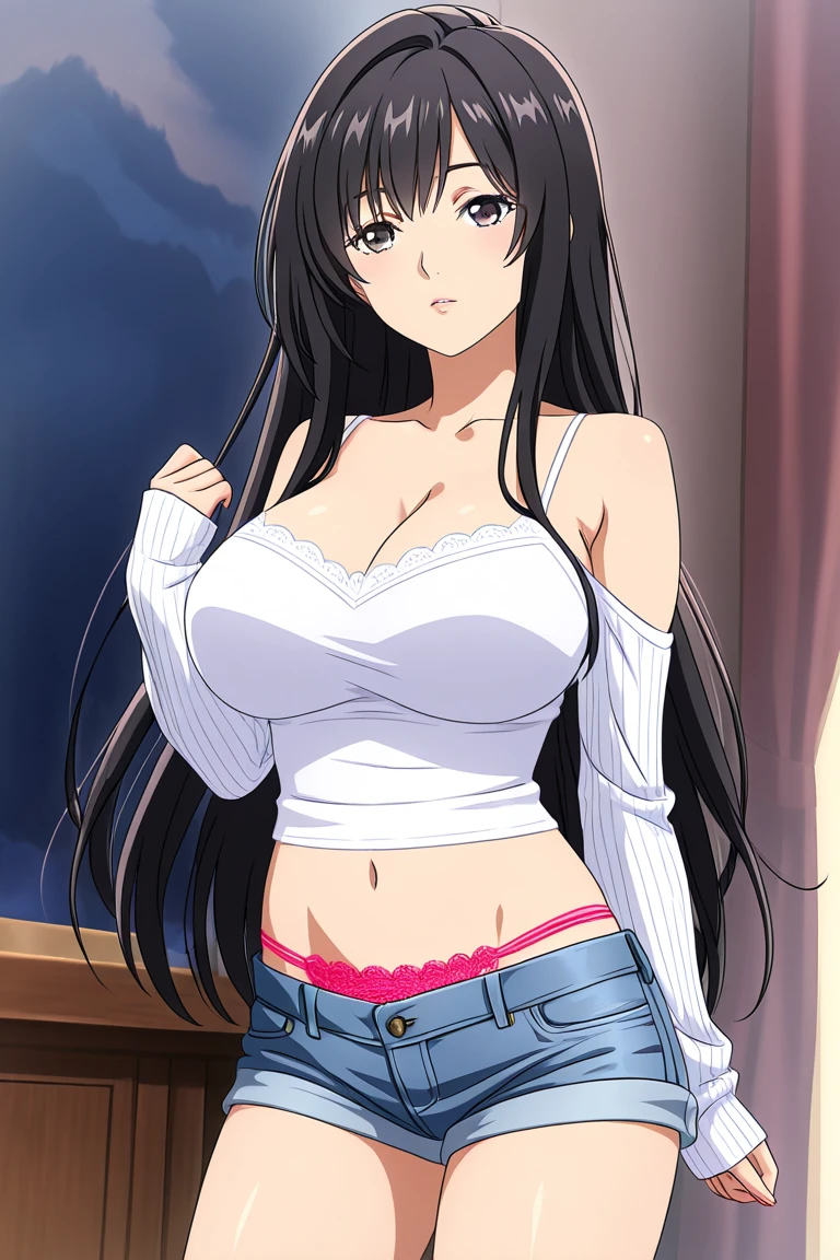 8K, masterpiece, very detailed, anime style, alone, A breathtakingly beautiful 1girl,(naked apron:1.4),(view from below:1.0),(masterpiece:1.5),(night:1.5),very accurate and detailed,ultra high resolution,extremely detailed CG unity 8K wallpaper,(realistic,Photoreal,超realistic:1.5),(curve,model,Glamour:1.5),beautiful breasts,beautiful detailed shadows,beautiful eyes,beautiful body,beautiful skin,beautiful hands,(aesthetic anime eyes:1.4),(bright room:1.4),(26 years old:1.4),1 girl,looking at the viewer,(enchanting smile:1.4),(living room:1.4),(chest focus), black hair,(turn your arms behind your back:1.4),long straight hair,(brown eyes:1.4),big breasts, (chest comes out:1.2),Are standing,sculpture pose abdomen, clavicle, (night間:1.4), Sweat,(pantyhose:1.4), (cowboy shot:1.4),