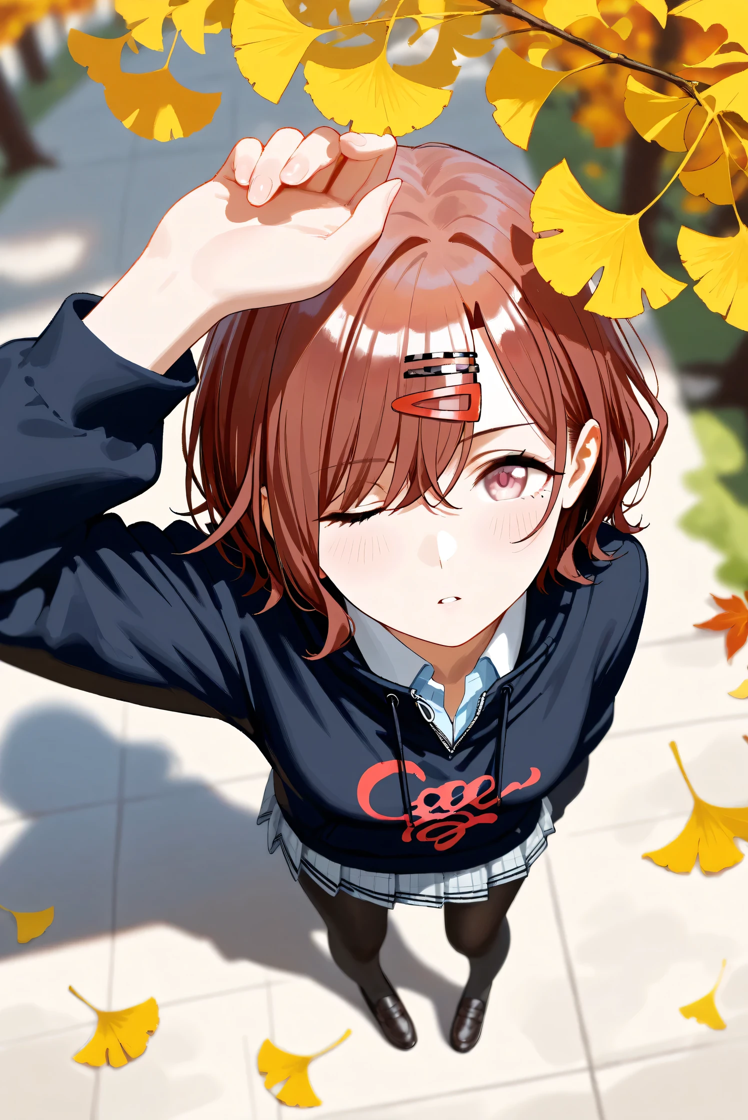 (Masterpiece), (Highest quality), (Very detailed), 
(The best shape), (Best Shadow), (Absurd), 
(Detailed background), (So beautiful), Shiny , 
Extraordinary, Countershading, 8k, 32K, High resolution, Beautiful eyes in every detail,
Very Detailed CG, UHD,

Score_9, Score_8_up, Score_7_up, Source_anime, 
(Pastel painting:1.2), (Watercolor painting:1.2),
(Masterpiece, Detailed:1.2), (Foreshortening:1.2),

Cinematic, Dramatic, (Depth of field:1.4),
(Blurry background:1.4), (Realistic background:1.4),
(Foreshortening:1.3),Dynamic angle, 1 girl,
Outdoor, autumn, Ginkgo, (autumn leaves:1.2),
from above, (High angle:1.1), (wide shot:1.2),

Higuchi Madoka,
The idolmaster shiny colors,

(school uniform:1.3),
hoodie, black hoodie, long sleeves hoodie,
Shirt collar,
Mini skirt, Light blue shirt, 
pantyhose, black pantyhose,
loafers,

(Blush:1.3), Expressionless, parted lips,
Hand guard,
looking up, one eye closed, looking at viewer,
Realistic skin, Shiny skin,